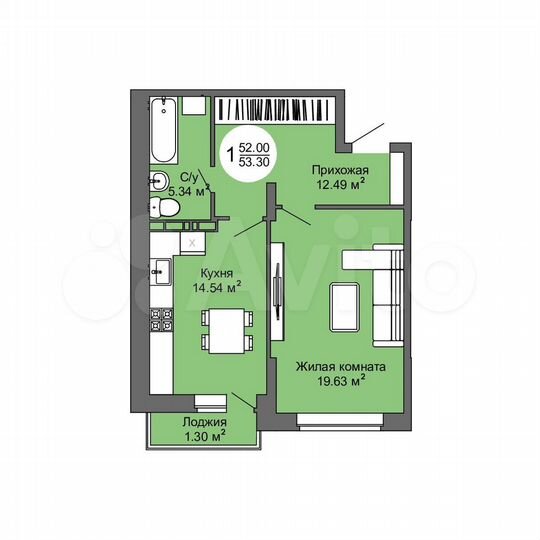 1-к. квартира, 53,3 м², 8/17 эт.