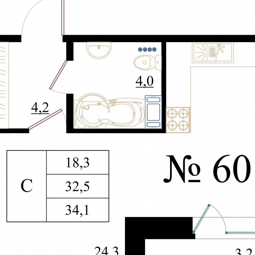 Квартира-студия, 34,1 м², 8/8 эт.