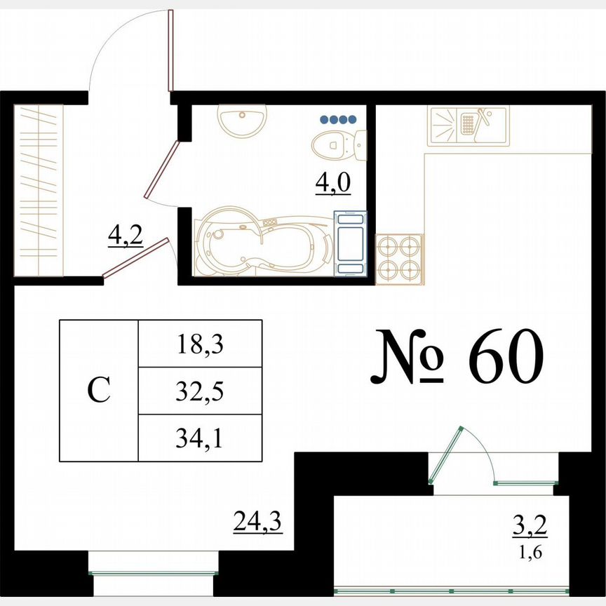 Квартира-студия, 34,1 м², 8/8 эт.