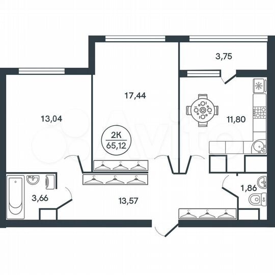 2-к. квартира, 65,1 м², 8/17 эт.