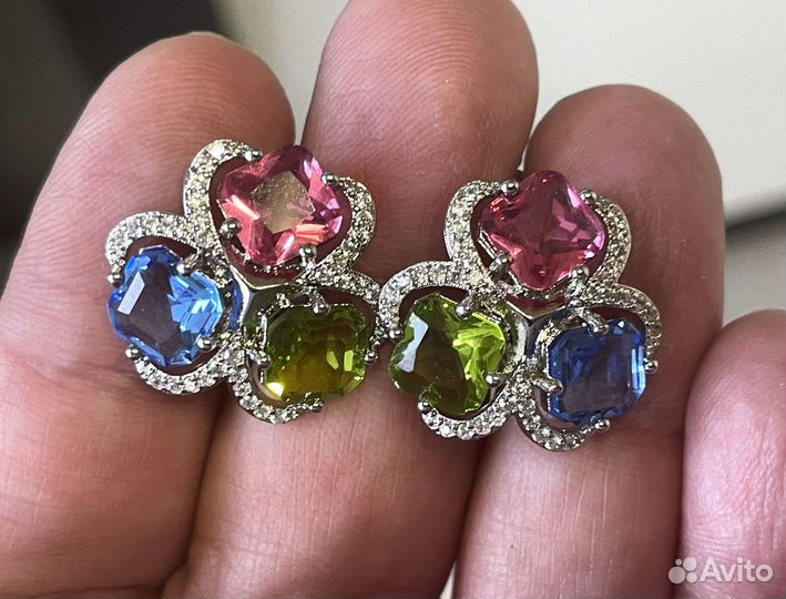 Серьги с мульти камнями серебро