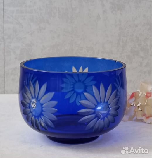 Ваза конфетница СССР синее стекло