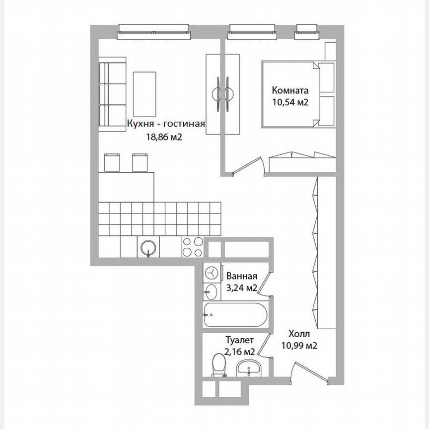 2-к. апартаменты, 45,8 м², 15/16 эт.