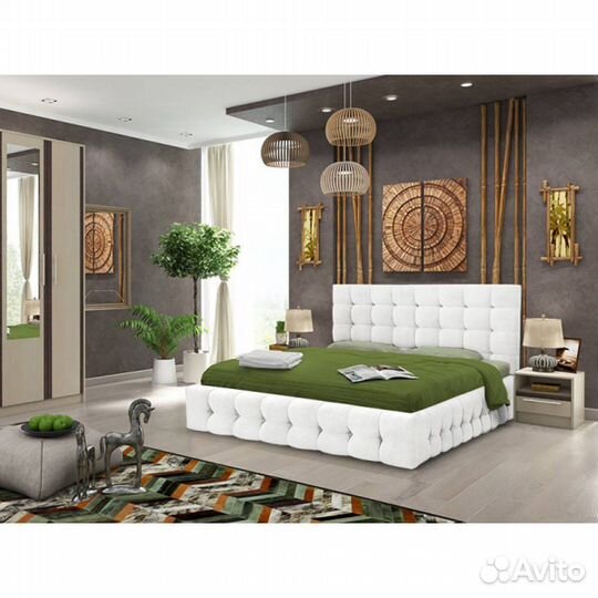 Кровать №3 1,6*2,0 м с подъемным механизмом - Белый матовый (кожзам), Пуговицы