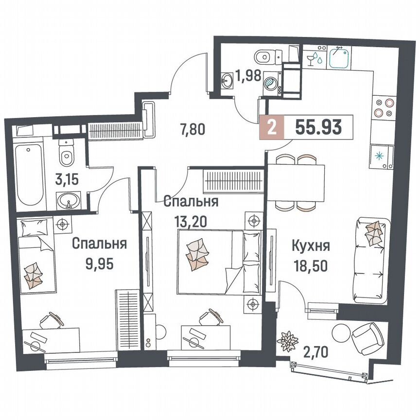 2-к. квартира, 55,9 м², 9/18 эт.