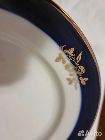 Тарелка Дулево кобальт с позолотой роза 1992г