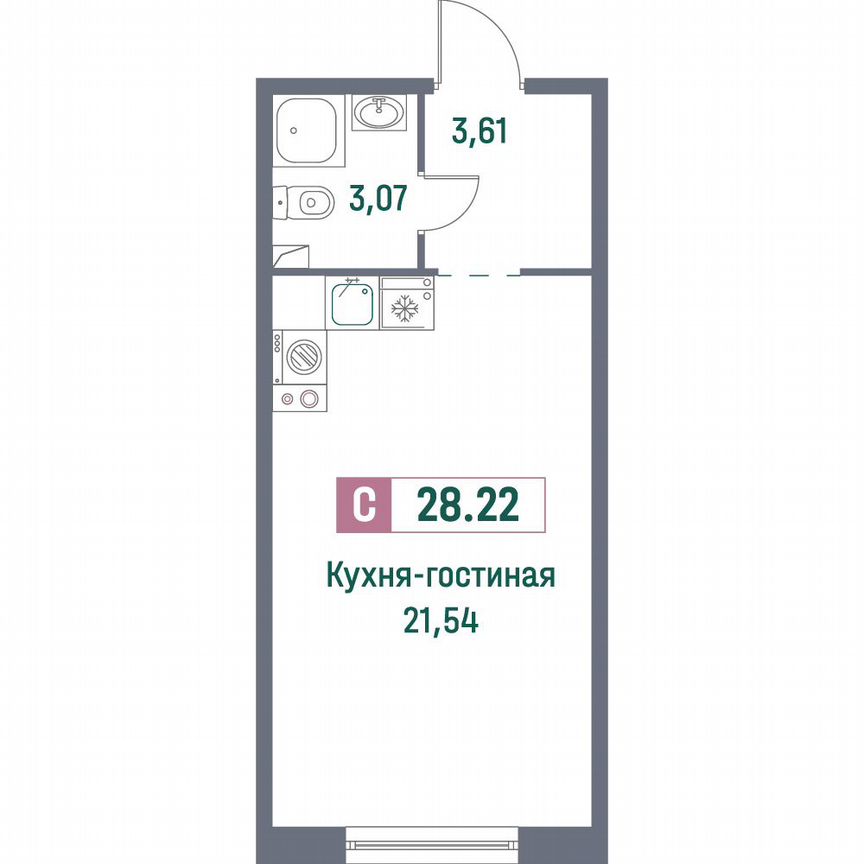 Квартира-студия, 28,2 м², 1/16 эт.