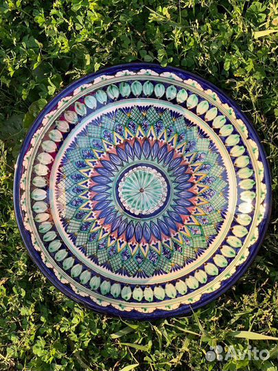 Ляган синий 32 - 46см. Риштан (плоское блюдо)