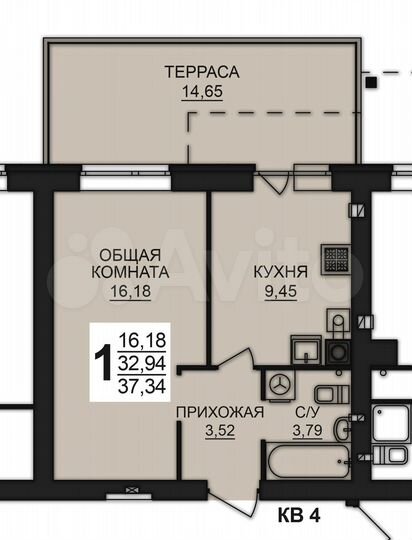 1-к. квартира, 38,2 м², 1/8 эт.