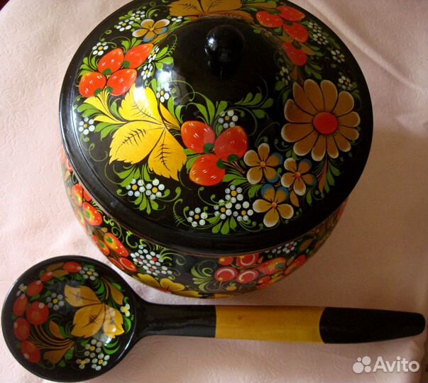 Супница с половником, дерево -липа, Хохлома