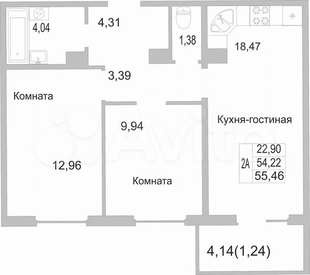 2-к. квартира, 55 м², 3/9 эт.
