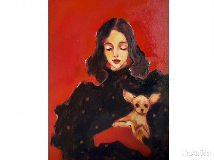 Картина маслом Дама и Той-терьер 40/30 см