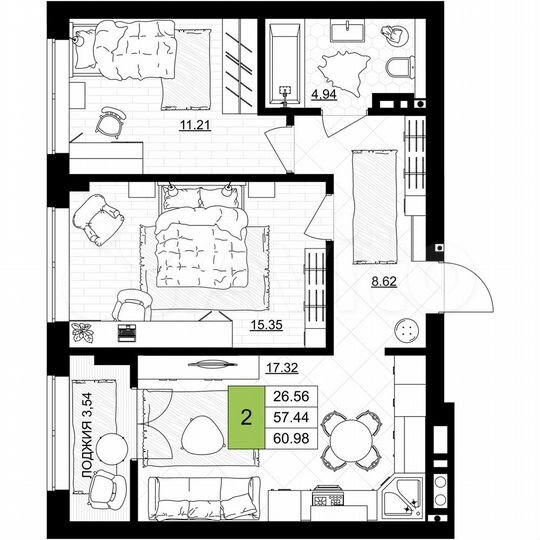 2-к. квартира, 61 м², 4/7 эт.