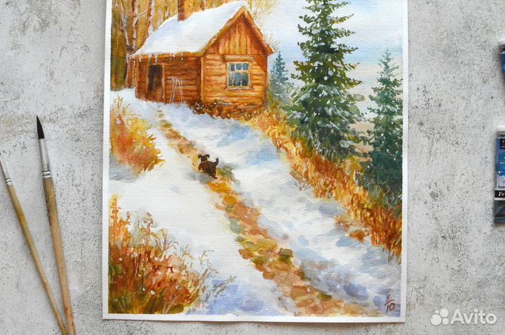 Картина Домик лесника акварель лес природа деревья