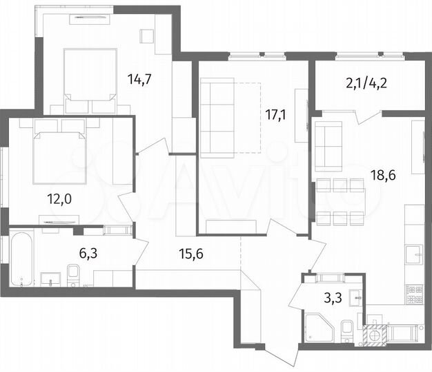3-к. квартира, 89,7 м², 2/12 эт.
