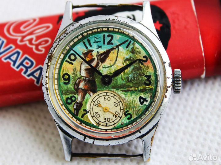 Часы Победа роспись циферблата Охотник 1952г СССР