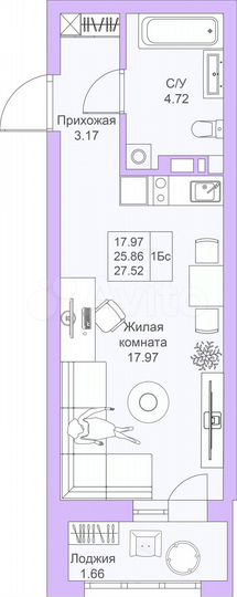 Квартира-студия, 27,5 м², 21/25 эт.