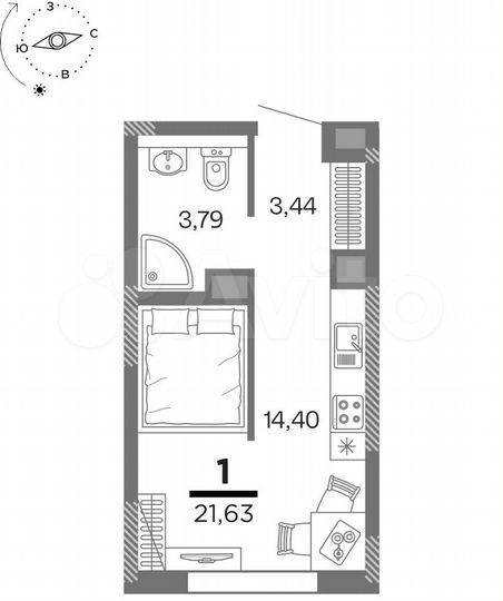 1-к. квартира, 21,6 м², 4/25 эт.