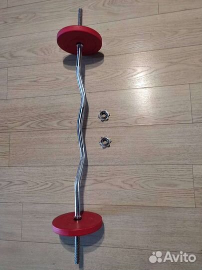 Штанга 15кг изогнутая W, диски Обрезиненные