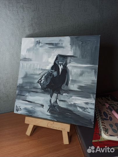 Картина гуашью на холсте ворон