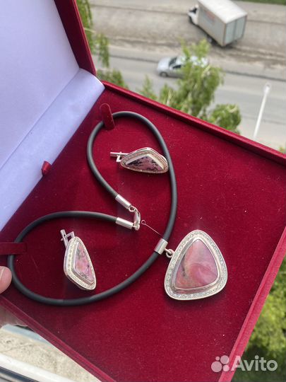 Серьги и колье с родонитом винтаж серебро