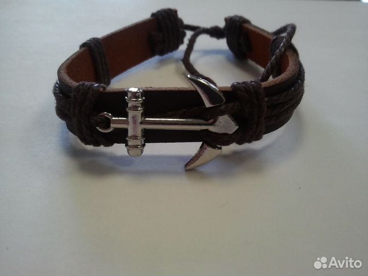 Стильный браслет мужской якорь (кожа, сталь)