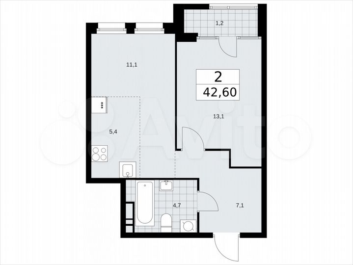 2-к. квартира, 42,6 м², 10/16 эт.