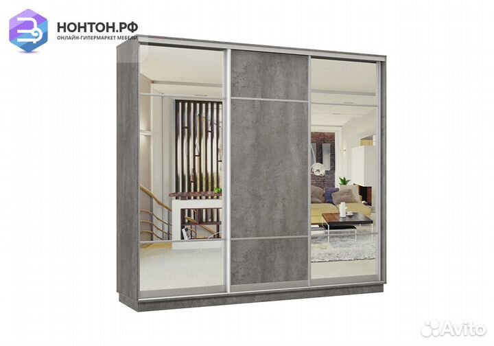 Шкаф-купе трёхдверный Ирида с 2 зеркалами бетон