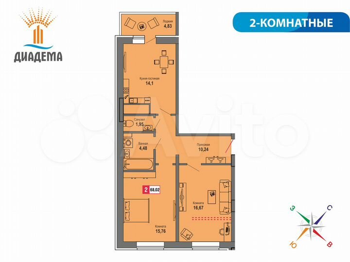 2-к. квартира, 68 м², 9/22 эт.