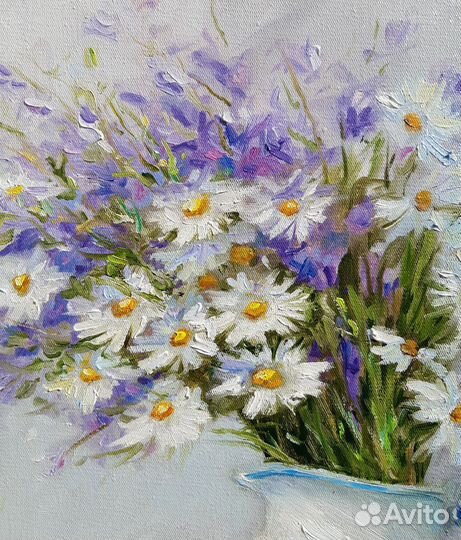 Картина букет ромашки с колокольчиками. Натюрморт