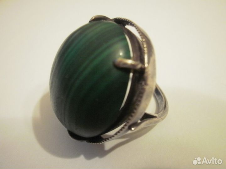 Кольцо крупный малахит серебро Индия 80 винтаж