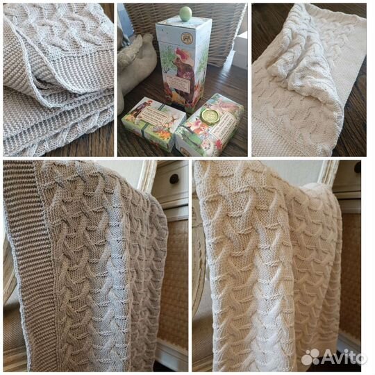 Вязаный детский плед 90-110см хлопок крем мыло