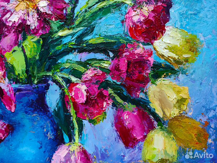 Картина маслом Тюльпаны букет цветов в вазе 40х30