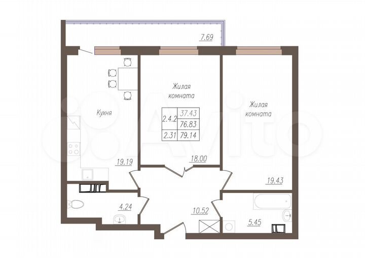 2-к. квартира, 79,1 м², 19/19 эт.