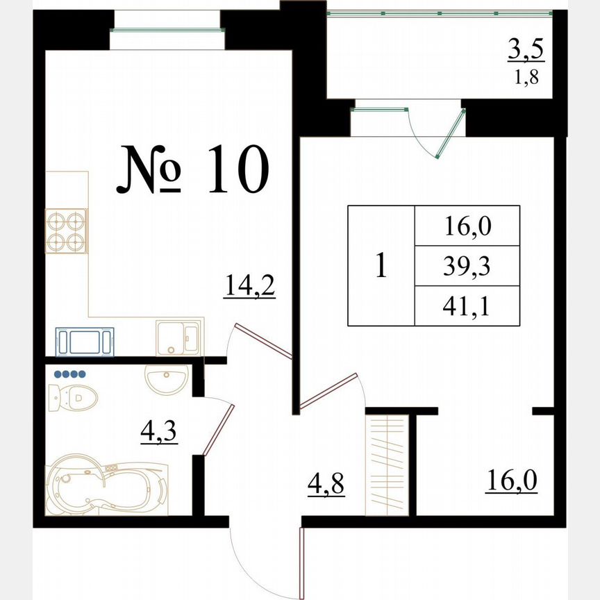 1-к. квартира, 41,1 м², 2/8 эт.