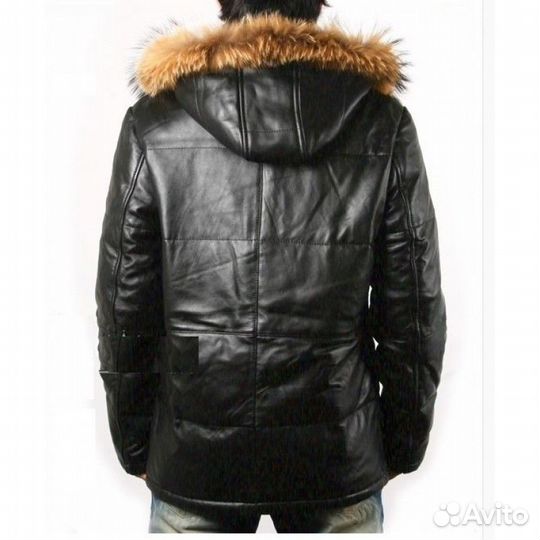 Кожаный пуховик с капюшоном