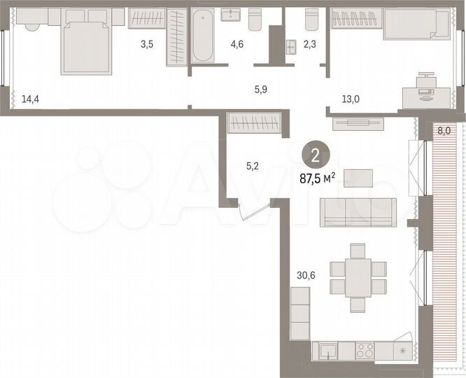 2-к. квартира, 87,5 м², 8/9 эт.