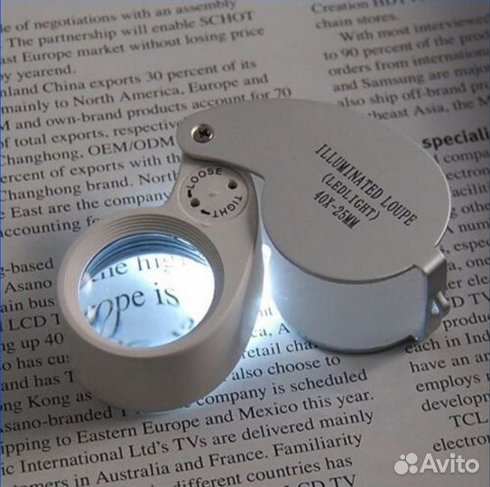 Лупа ювелирная 40х-25мм с подсветкой (2 LED)