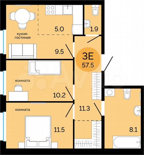 3-к. квартира, 57,5 м², 3/17 эт.