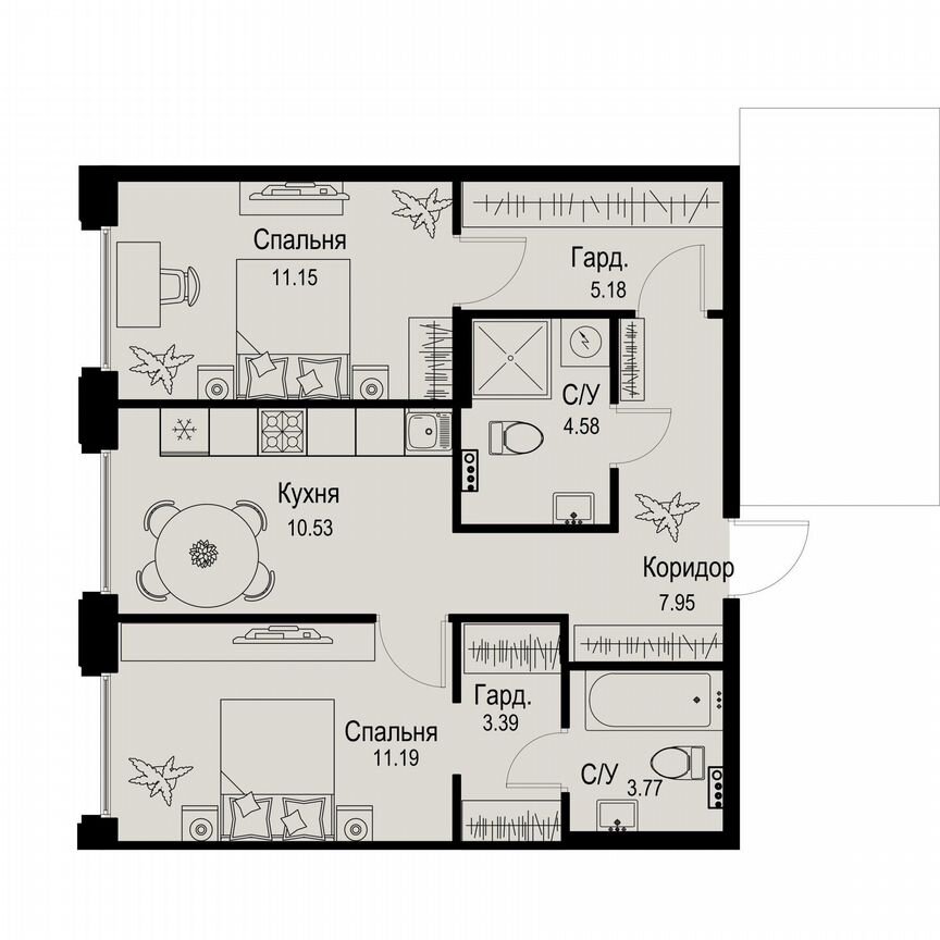 2-к. квартира, 57,7 м², 1/6 эт.