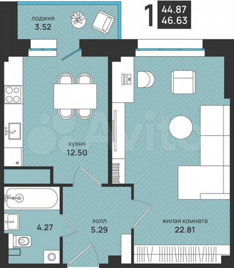1-к. квартира, 46,6 м², 9/9 эт.