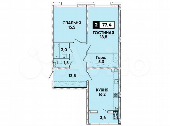 2-к. квартира, 77,4 м², 7/16 эт.