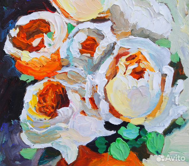 Картина Розы белые Букет цветов в вазе масло 15*21