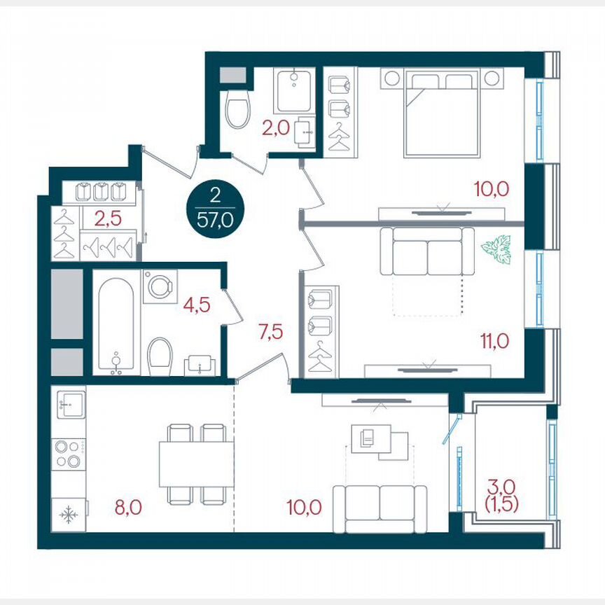 2-к. квартира, 57 м², 25/32 эт.