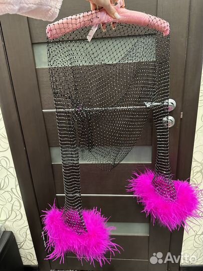 Фуксия Кофта сетка топ с перьями на рукавах