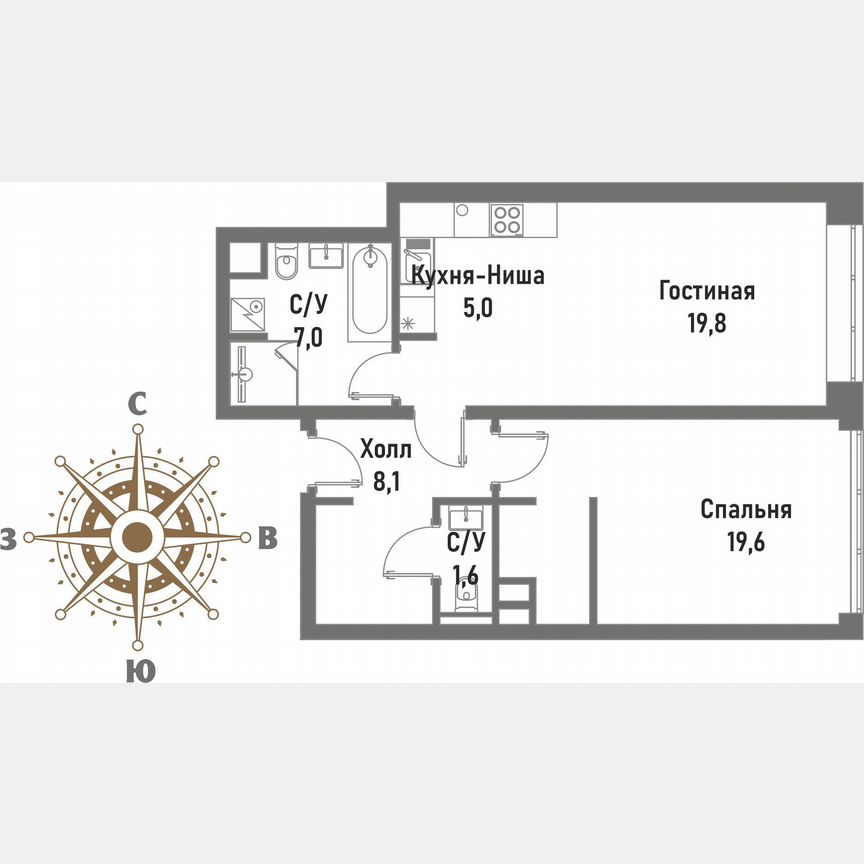 1-к. квартира, 61,1 м², 2/20 эт.