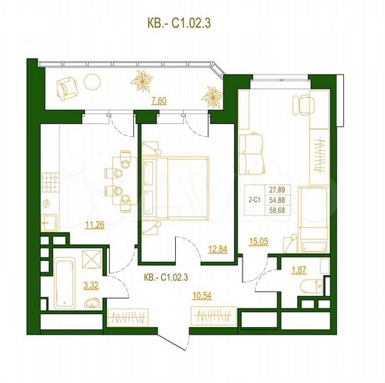 2-к. квартира, 58,7 м², 1/18 эт.