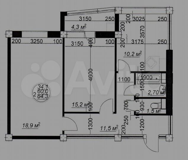 2-к. квартира, 64,3 м², 4/9 эт.
