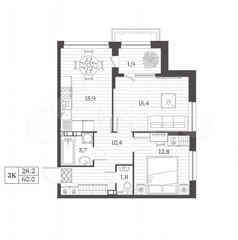 2-к. квартира, 60 м², 8/8 эт.