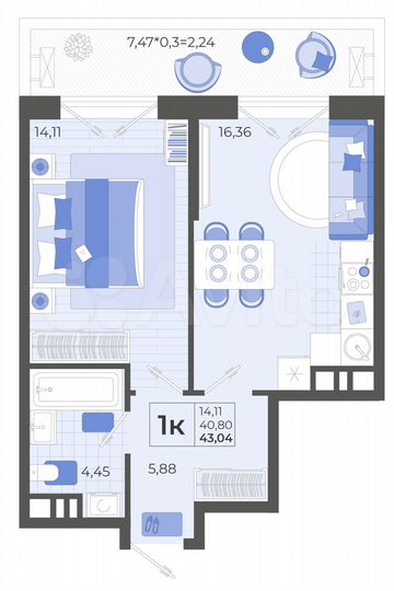 1-к. квартира, 43 м², 2/12 эт.